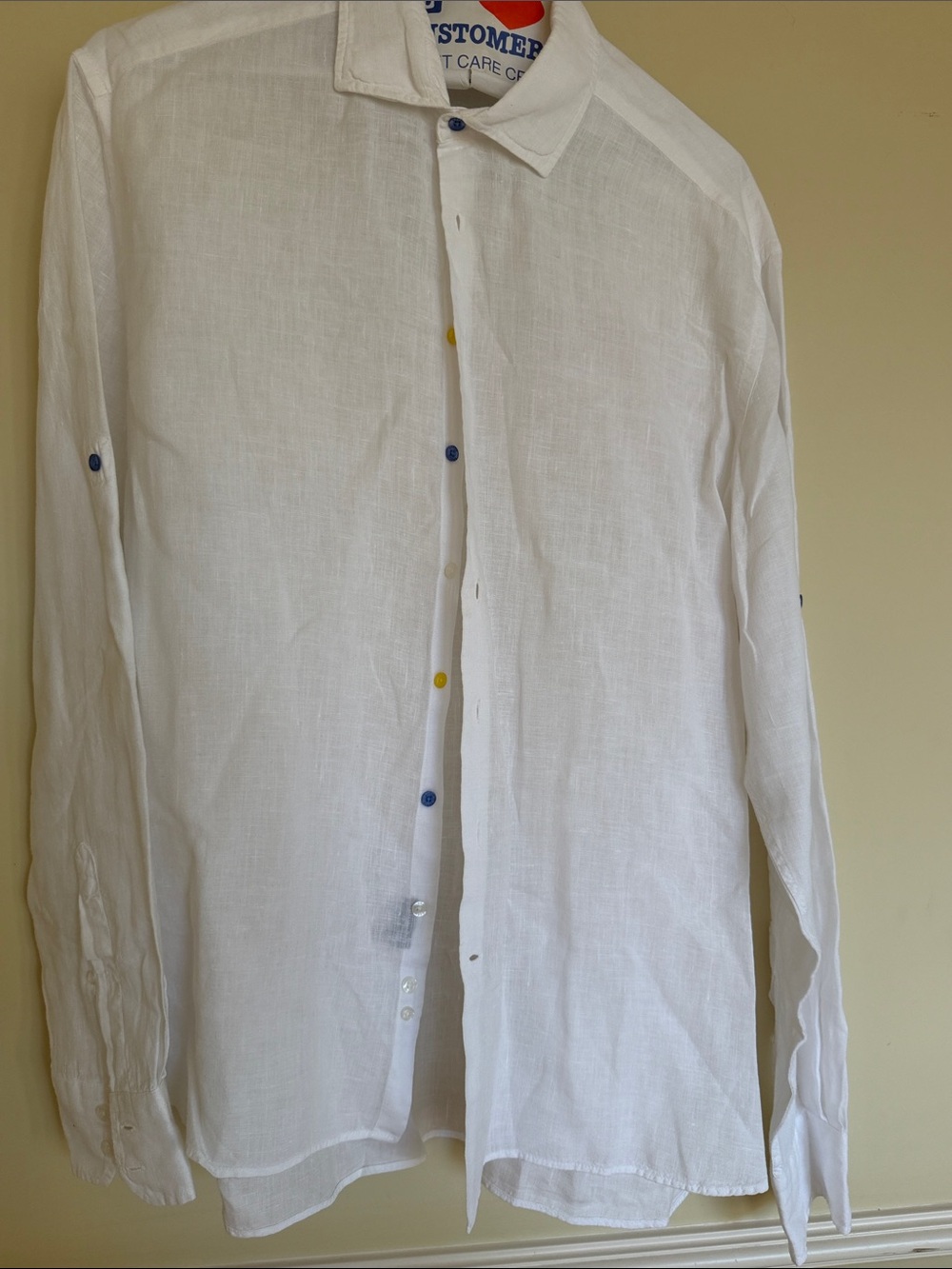 Men's White Linen Button-Down Shirt with Contrast Buttons